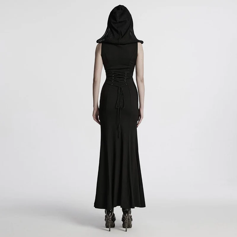 Damen Punk Strap Mesh Splice Transparentes Kleid mit Kapuze