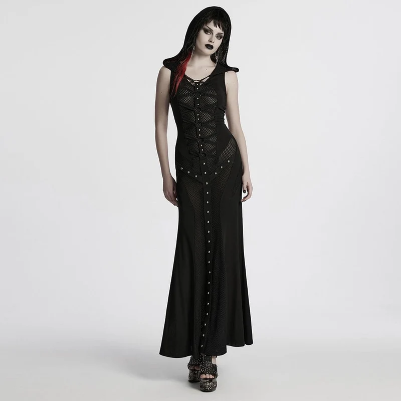 Damen Punk Strap Mesh Splice Transparentes Kleid mit Kapuze