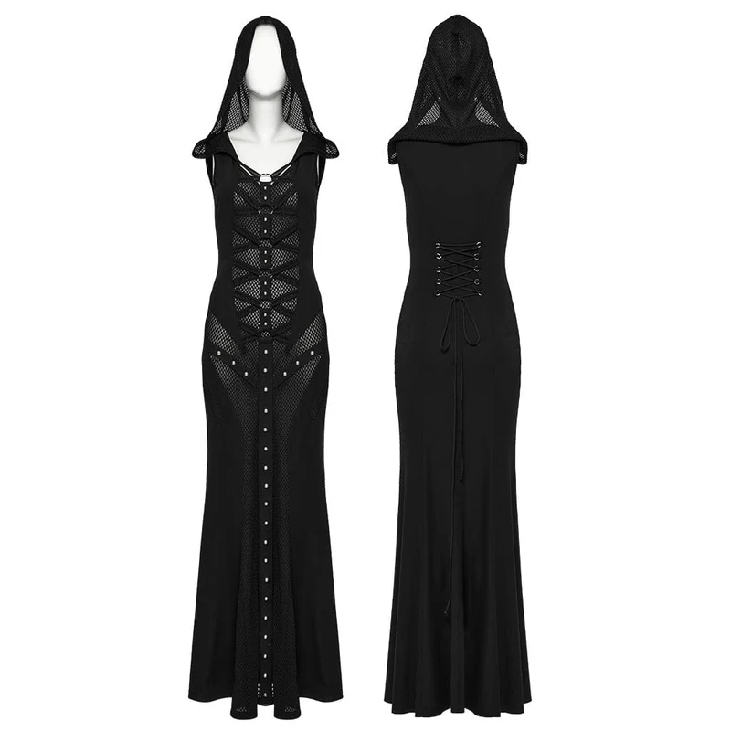 Damen Punk Strap Mesh Splice Transparentes Kleid mit Kapuze