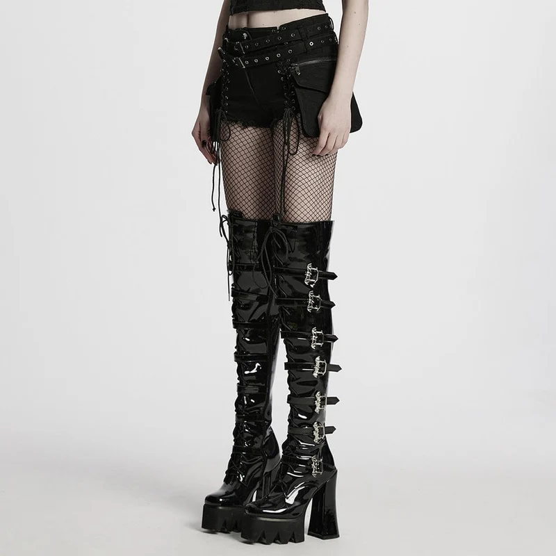 Punk-Jeansshorts zum Schnüren für Damen mit abnehmbarer Tasche