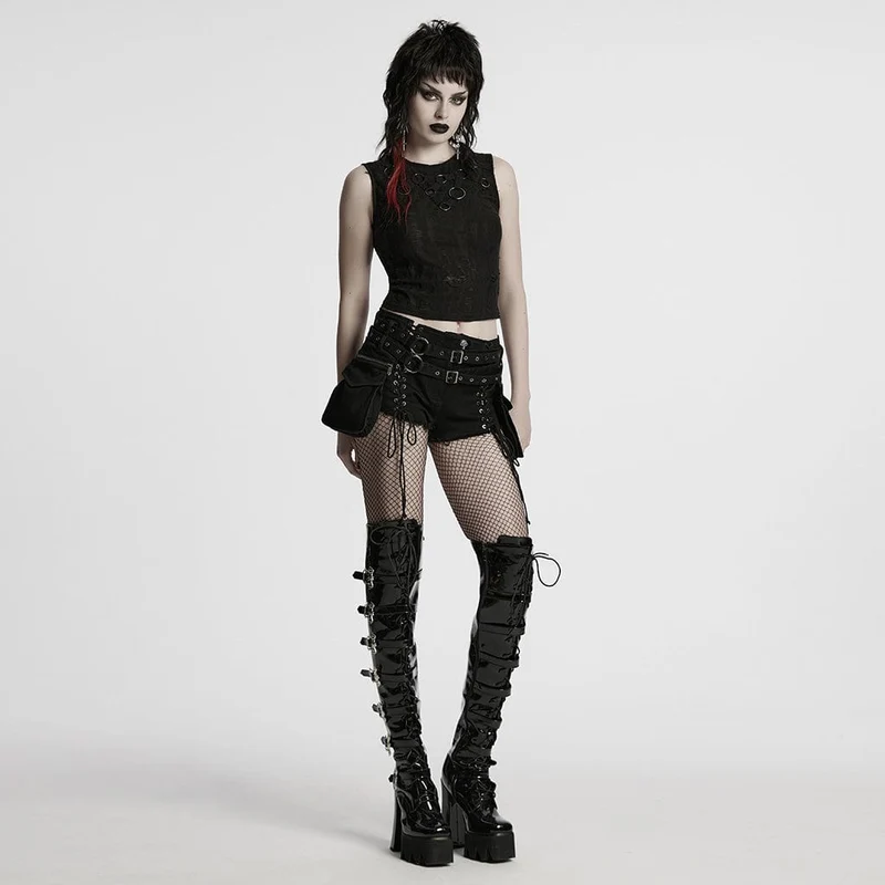 Punk-Jeansshorts zum Schnüren für Damen mit abnehmbarer Tasche