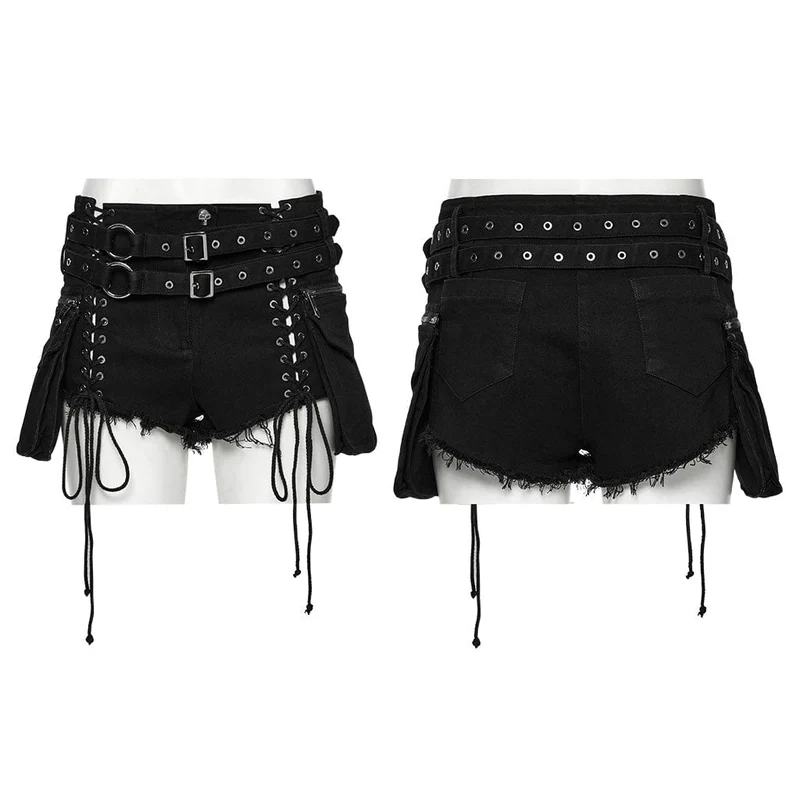 Punk-Jeansshorts zum Schnüren für Damen mit abnehmbarer Tasche