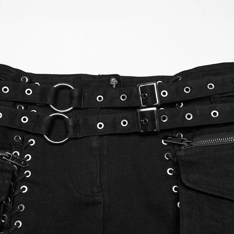 Punk-Jeansshorts zum Schnüren für Damen mit abnehmbarer Tasche