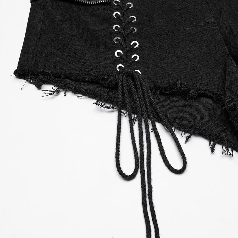 Punk-Jeansshorts zum Schnüren für Damen mit abnehmbarer Tasche