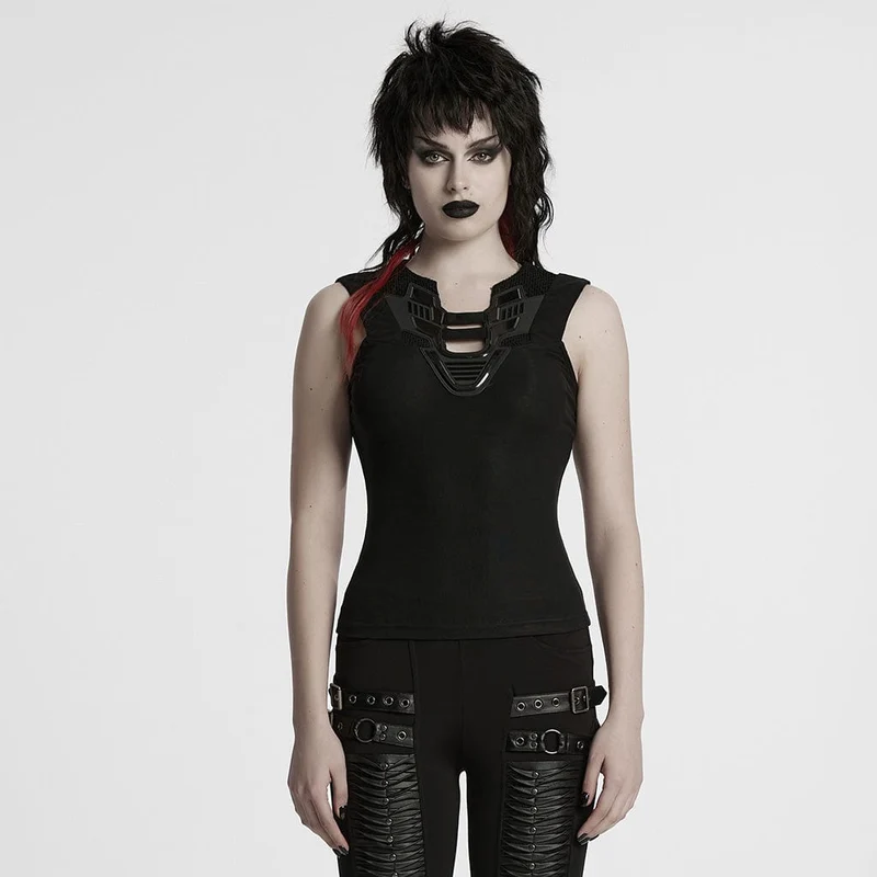 Cyberpunk-Tanktop mit tiefem Ausschnitt und Netzstoff für Damen