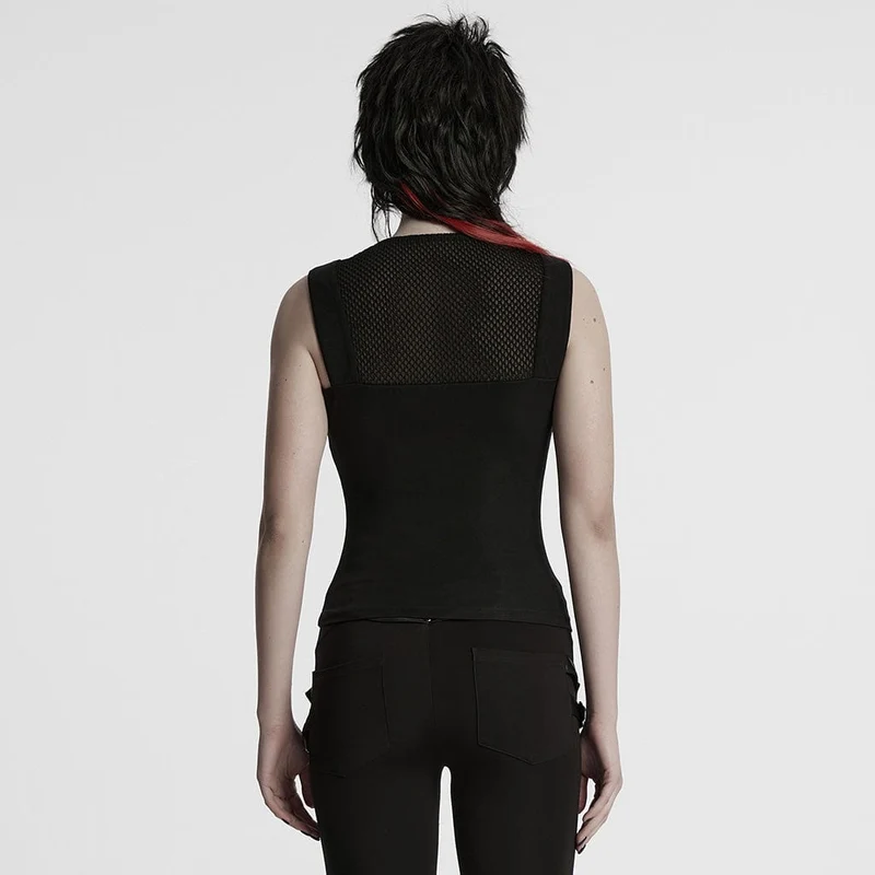 Cyberpunk-Tanktop mit tiefem Ausschnitt und Netzstoff für Damen