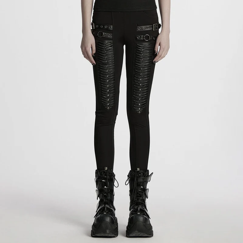 Damen-Leggings mit Punk-Schnallenriemen und Falten