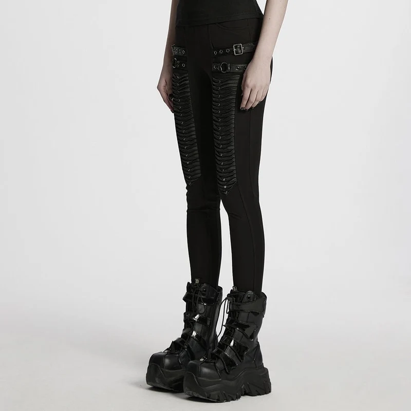 Damen-Leggings mit Punk-Schnallenriemen und Falten