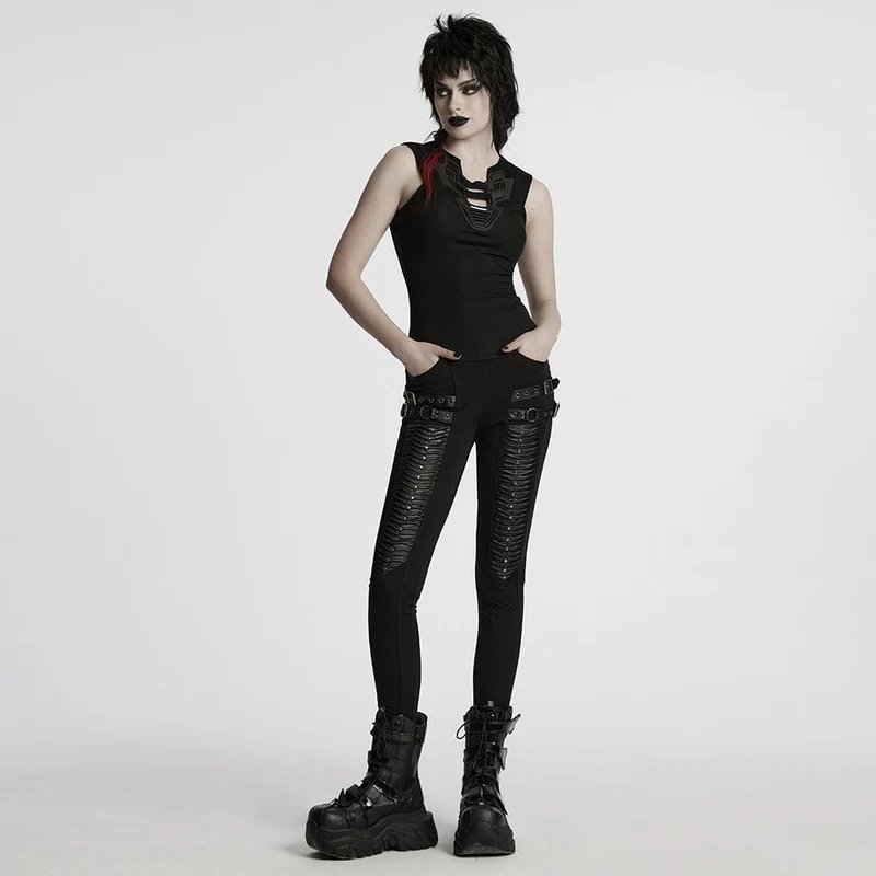 Damen-Leggings mit Punk-Schnallenriemen und Falten