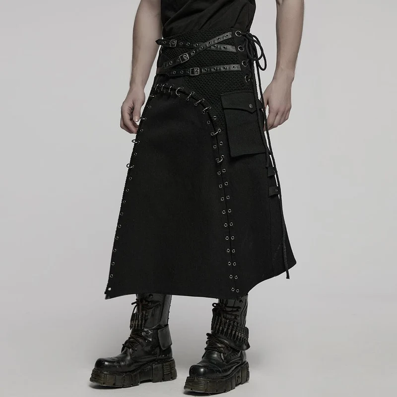 Herren Punk Unregelmäßiger Schnür-Mesh Splice Kilt