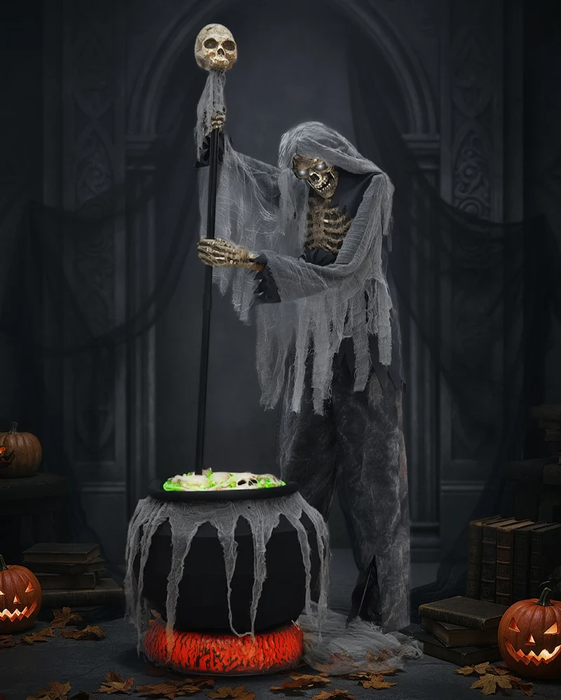 Skelett Hexenmeister mit Kessel Halloween Animatronic 182cm
