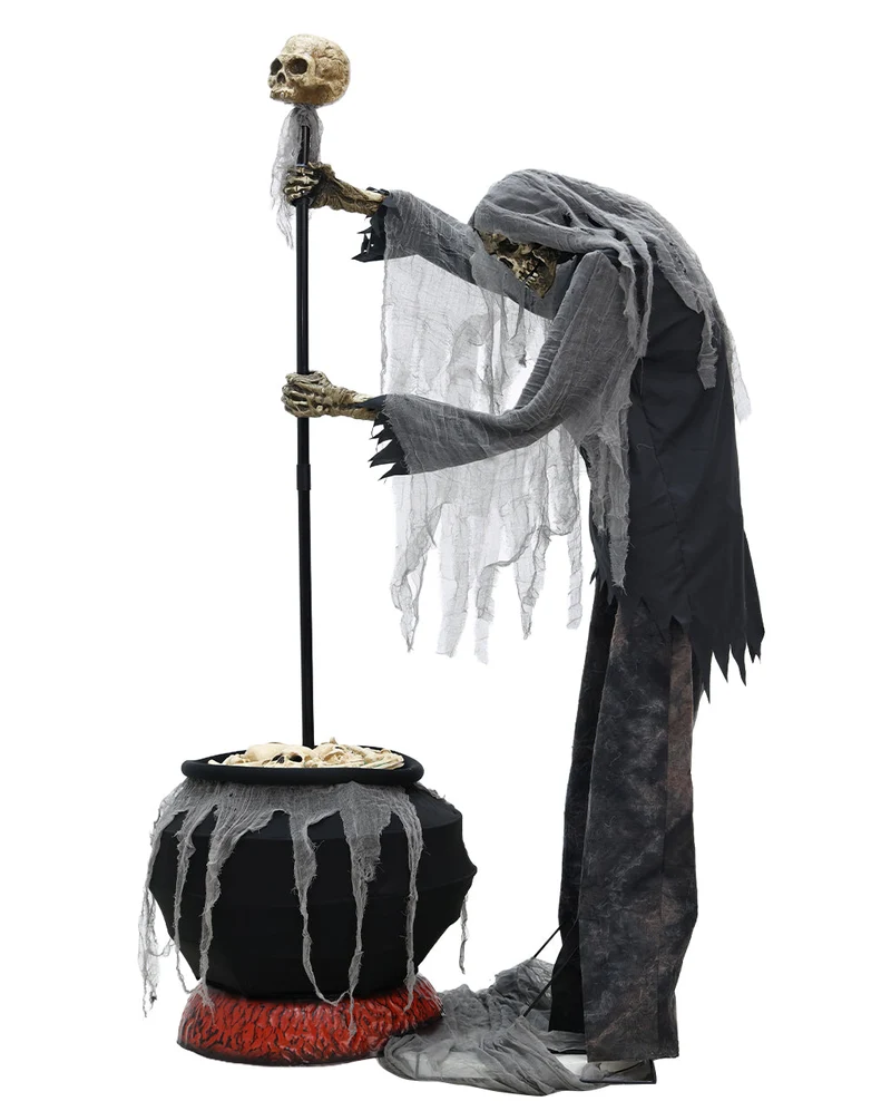 Skelett Hexenmeister mit Kessel Halloween Animatronic 182cm