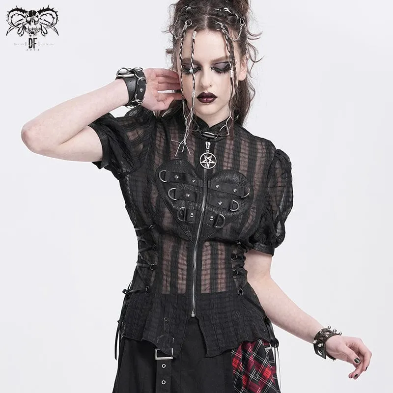 Transparentes Gothic-Shirt mit Stehkragen und Puffärmeln für Damen