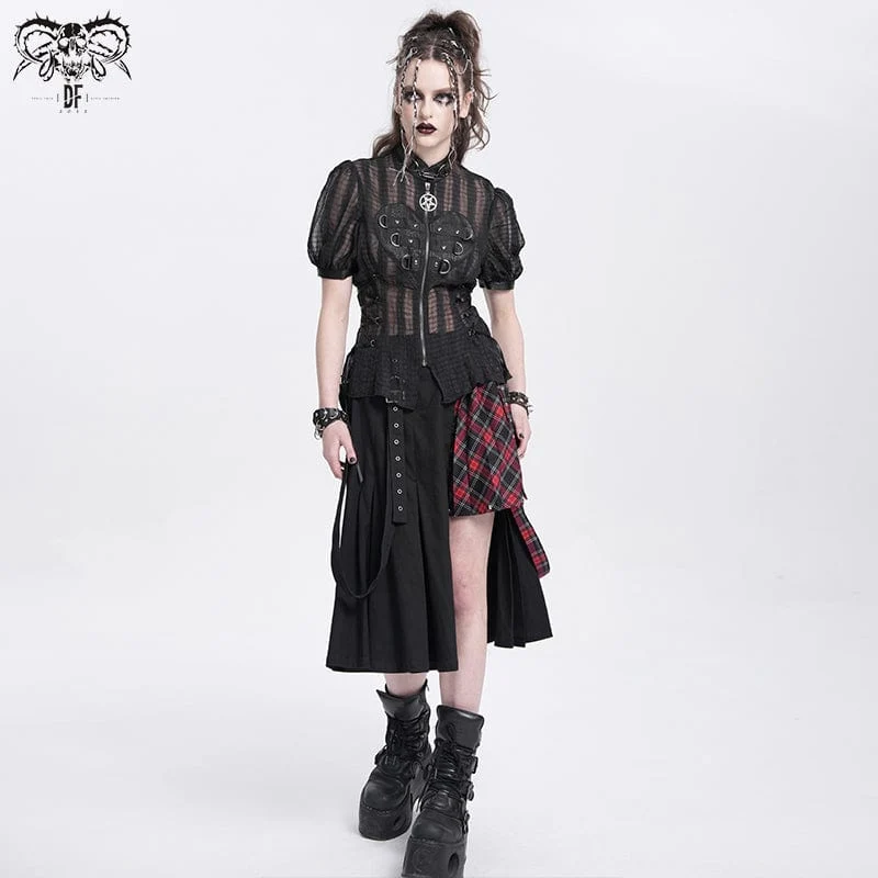 Transparentes Gothic-Shirt mit Stehkragen und Puffärmeln für Damen