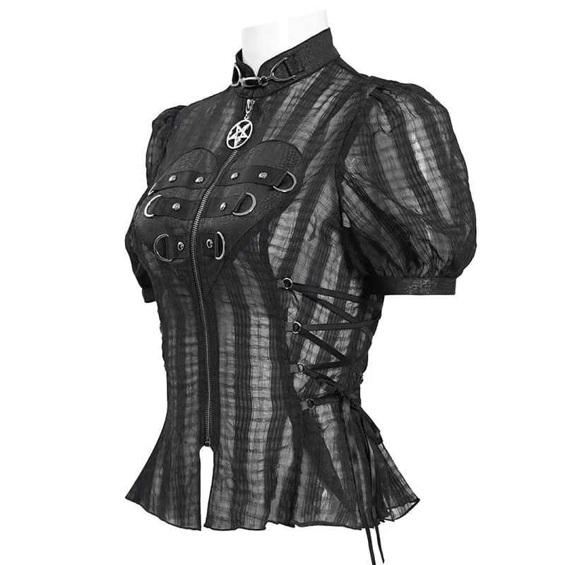 Transparentes Gothic-Shirt mit Stehkragen und Puffärmeln für Damen