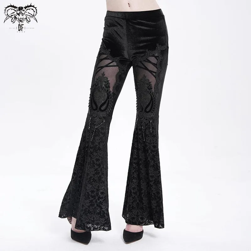 Schlaghose aus Samt mit Blumenstickerei im Gothic-Stil für Damen