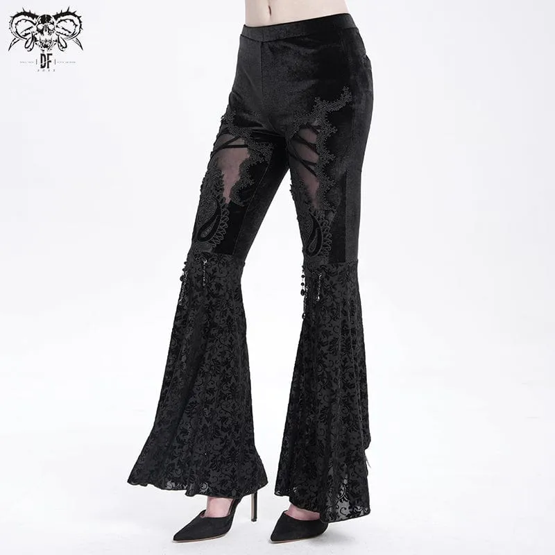 Schlaghose aus Samt mit Blumenstickerei im Gothic-Stil für Damen
