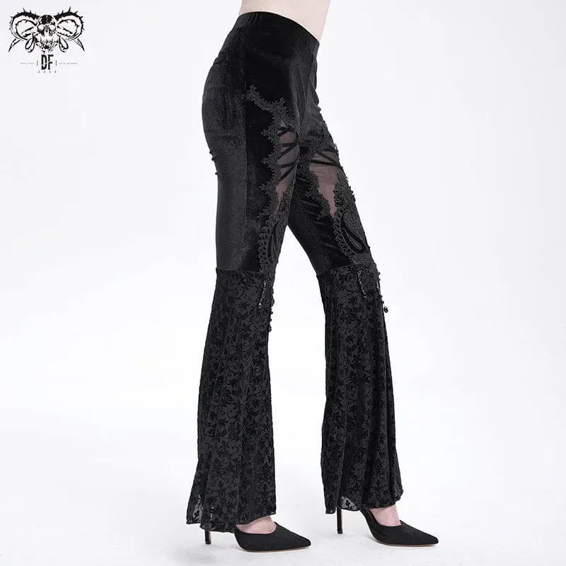Schlaghose aus Samt mit Blumenstickerei im Gothic-Stil für Damen