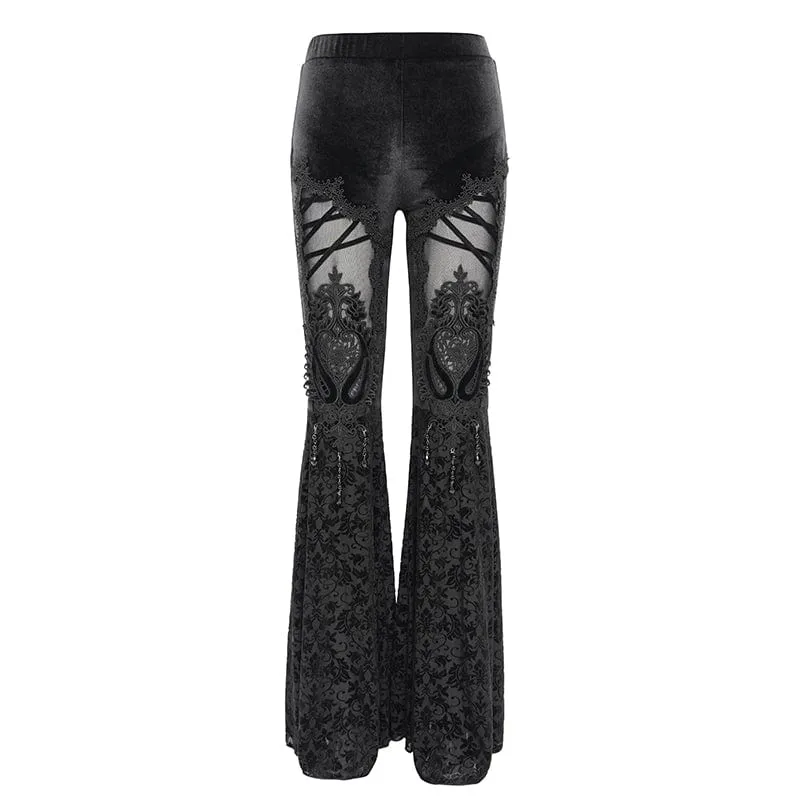 Schlaghose aus Samt mit Blumenstickerei im Gothic-Stil für Damen