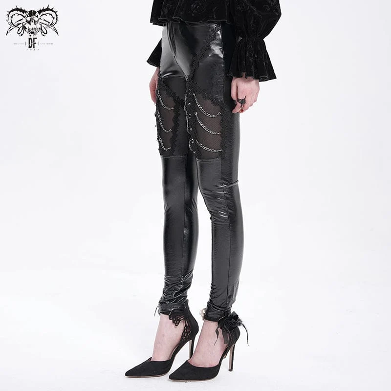 Gothic-Hose aus Kunstleder mit Kettenverzierung und Spitze für Damen