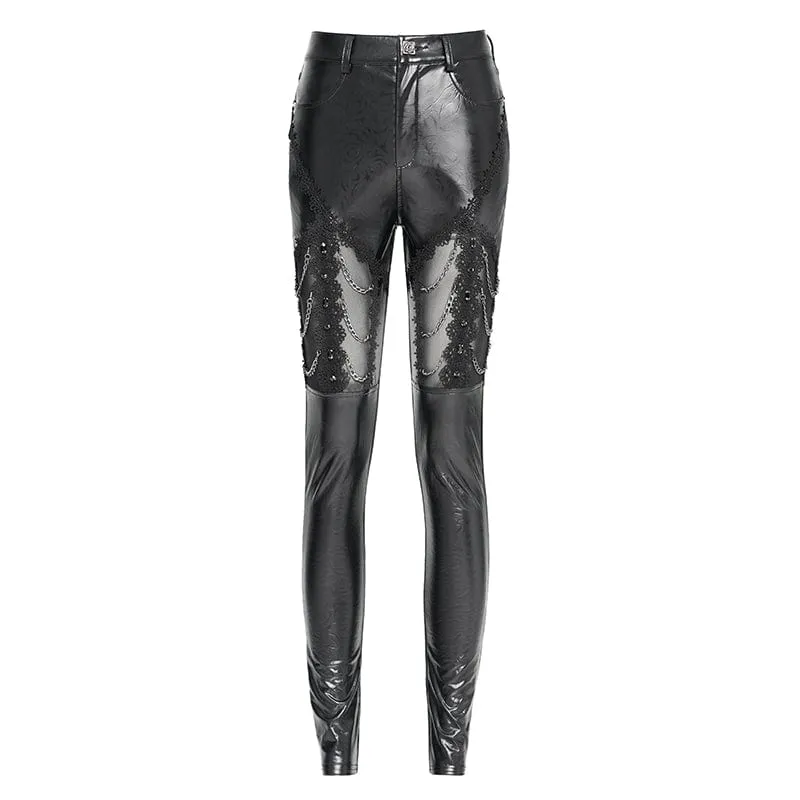 Gothic-Hose aus Kunstleder mit Kettenverzierung und Spitze für Damen