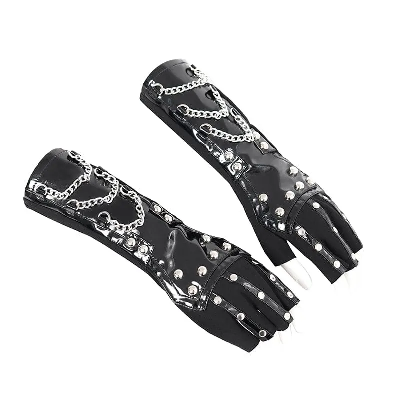Halbfingerhandschuhe aus Kunstleder mit Punk-Nieten und Ketten für Damen