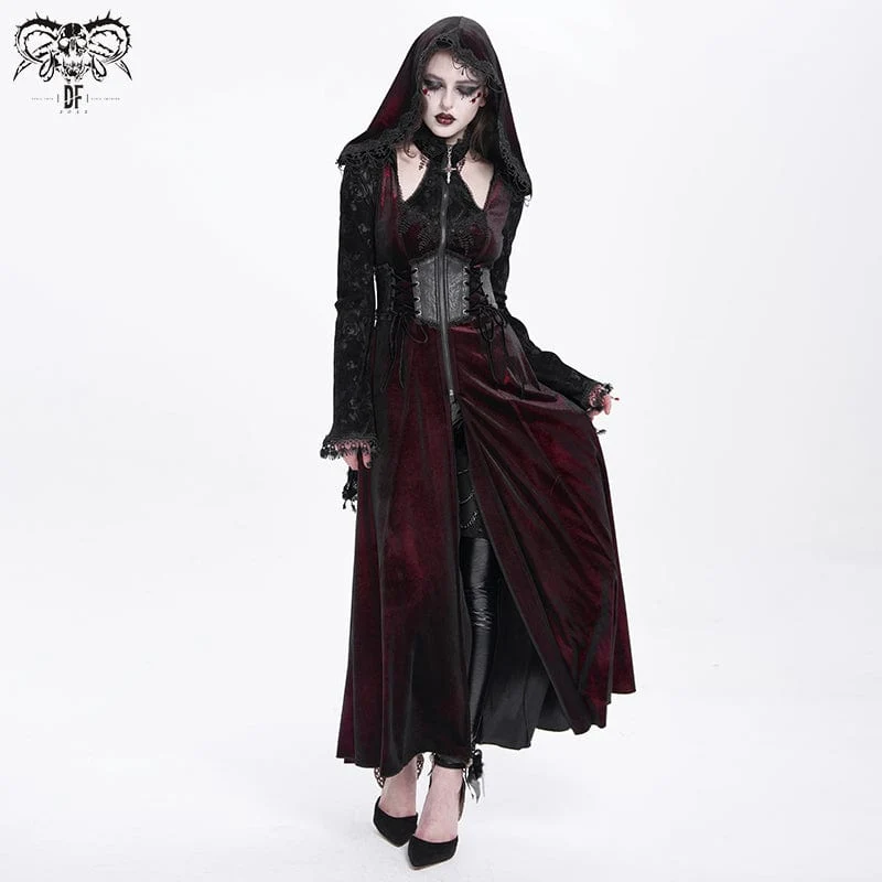 Gothic Cutout Beflockter Samtmantel für Damen mit Kapuze Rot