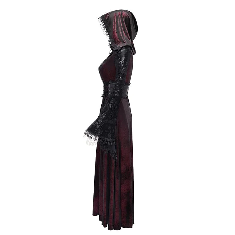 Gothic Cutout Beflockter Samtmantel für Damen mit Kapuze Rot