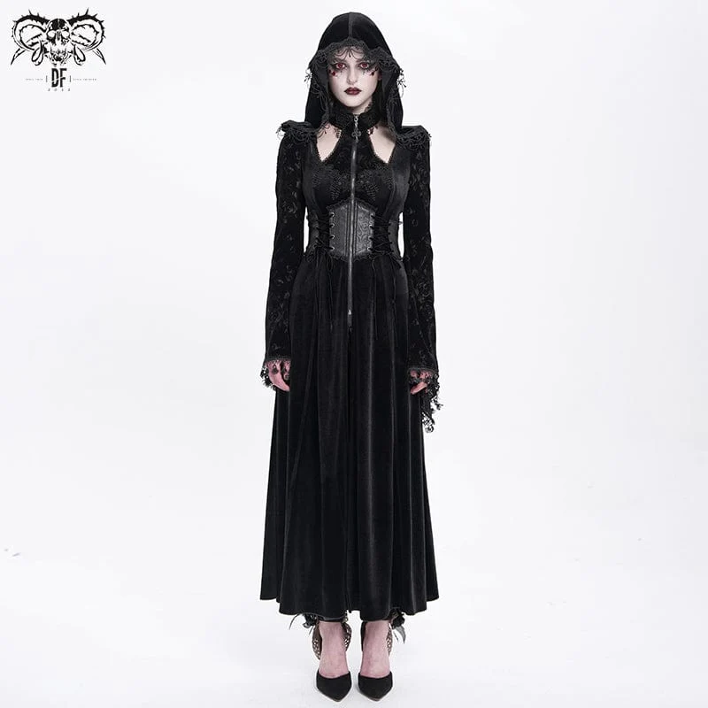 Gothic Cutout Beflockter Samtmantel für Damen mit Kapuze Schwarz