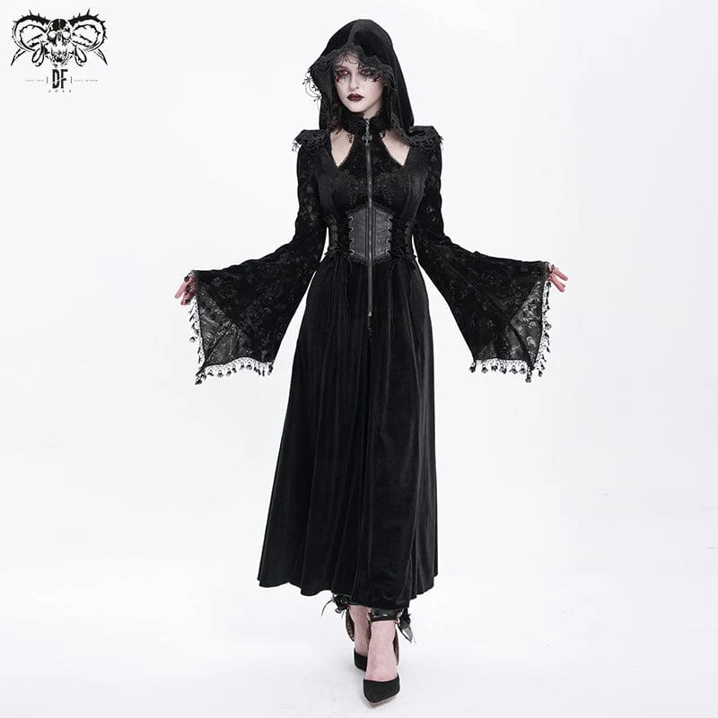 Gothic Cutout Beflockter Samtmantel für Damen mit Kapuze Schwarz