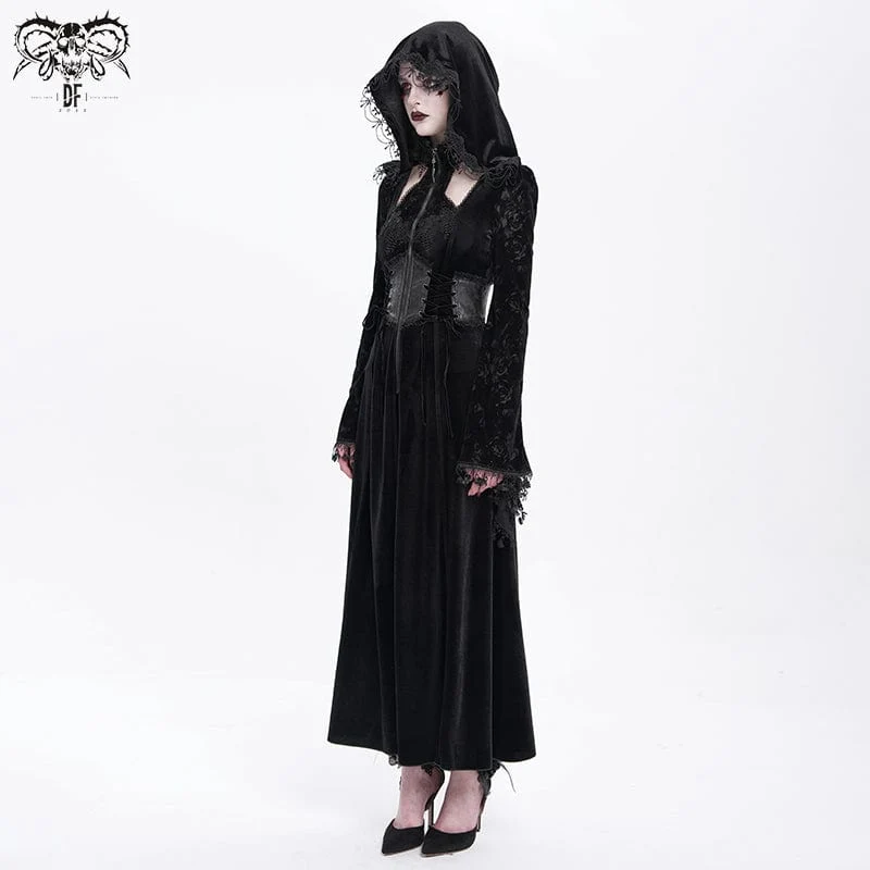 Gothic Cutout Beflockter Samtmantel für Damen mit Kapuze Schwarz