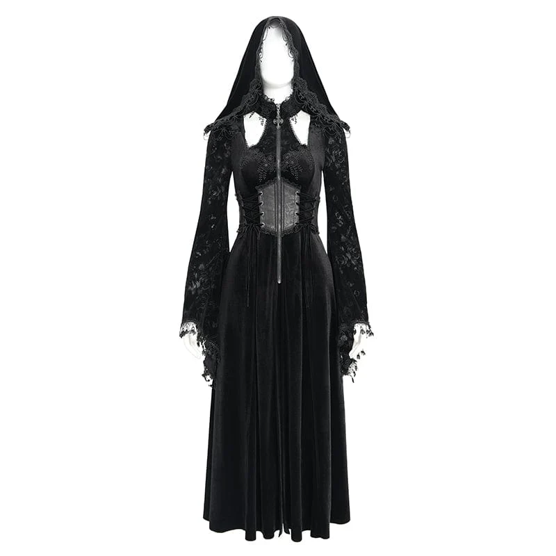 Gothic Cutout Beflockter Samtmantel für Damen mit Kapuze Schwarz