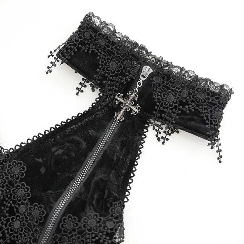 Gothic Cutout Beflockter Samtmantel für Damen mit Kapuze Schwarz