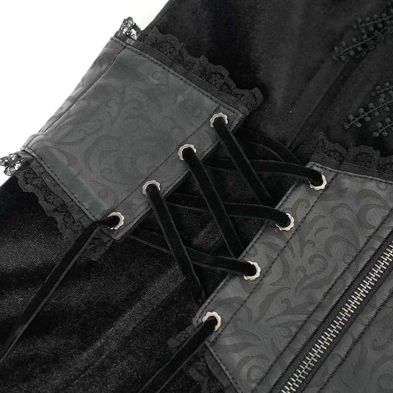 Gothic Cutout Beflockter Samtmantel für Damen mit Kapuze Schwarz