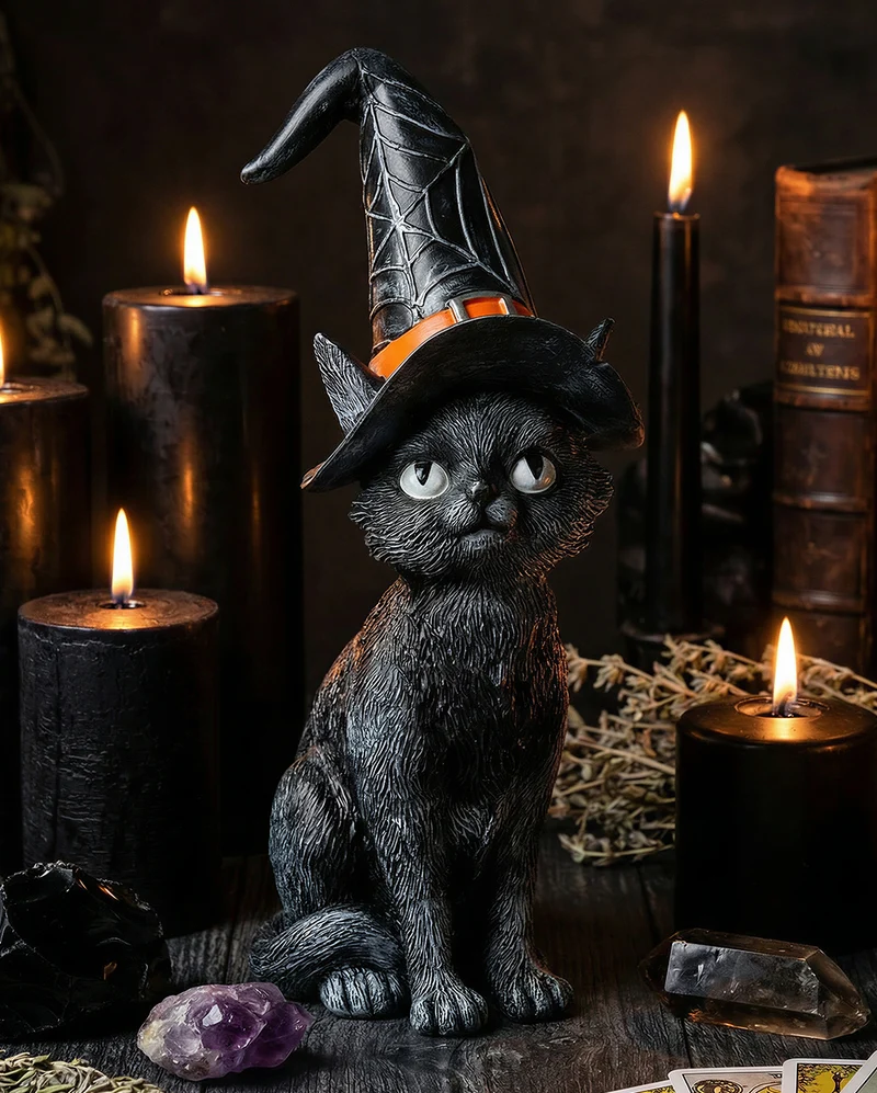 Schwarze Hexenkatze mit geknicktem Hut 25cm