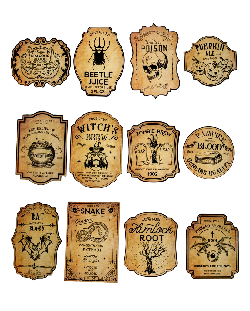 12 Vintage Halloween Flaschenetiketten
