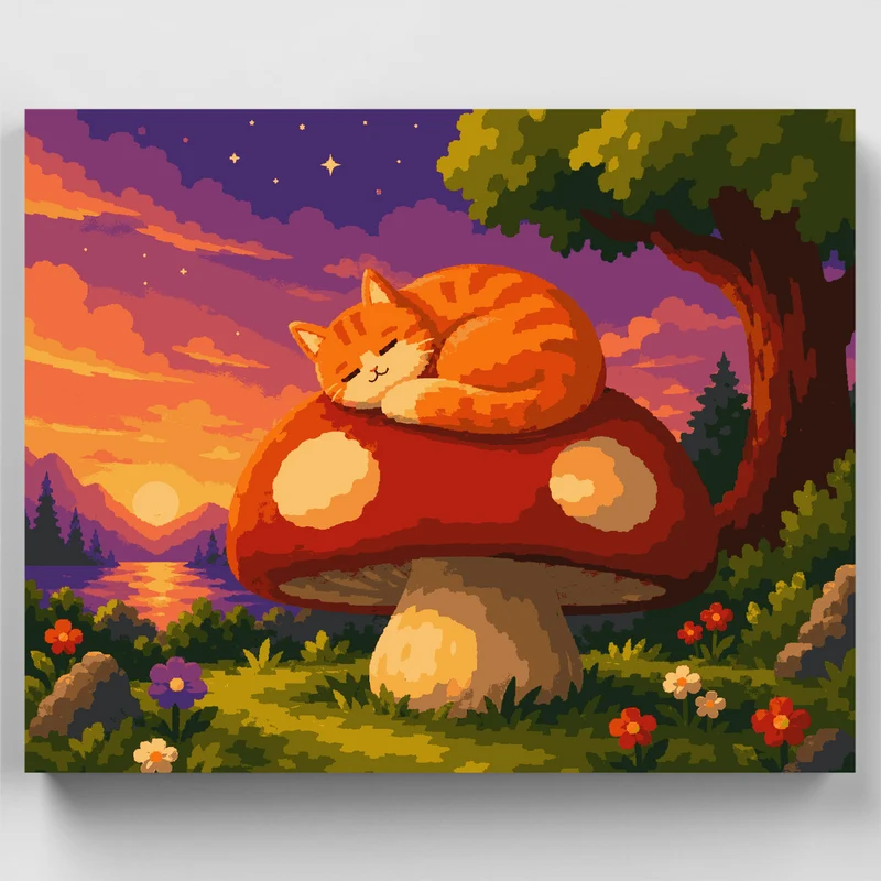 Sleepy Mushroom Cat - Paint by Numbers Kit