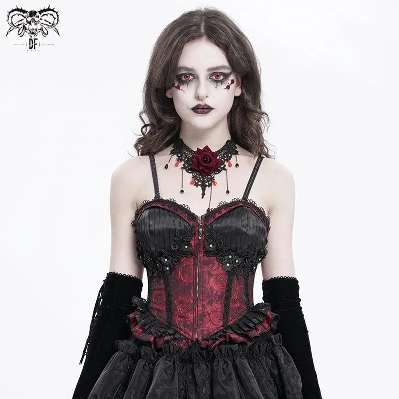 Gothic Tank Top mit Blumenstickerei und Rüschen für Damen zum Schnüren Rot