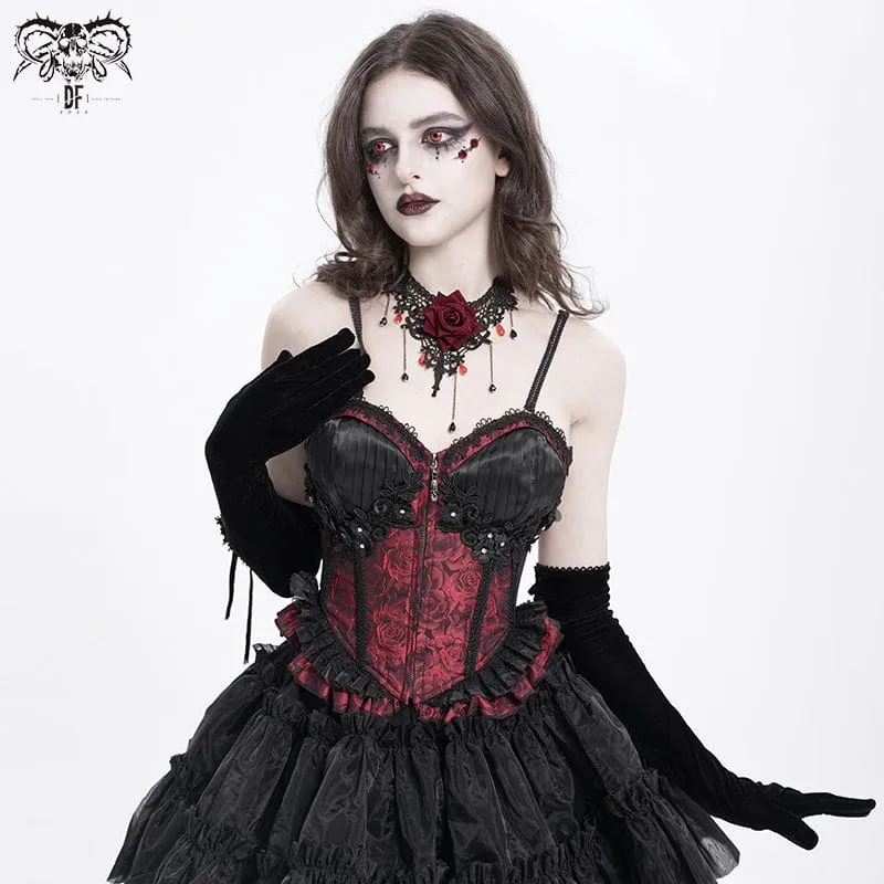 Gothic Tank Top mit Blumenstickerei und Rüschen für Damen zum Schnüren Rot