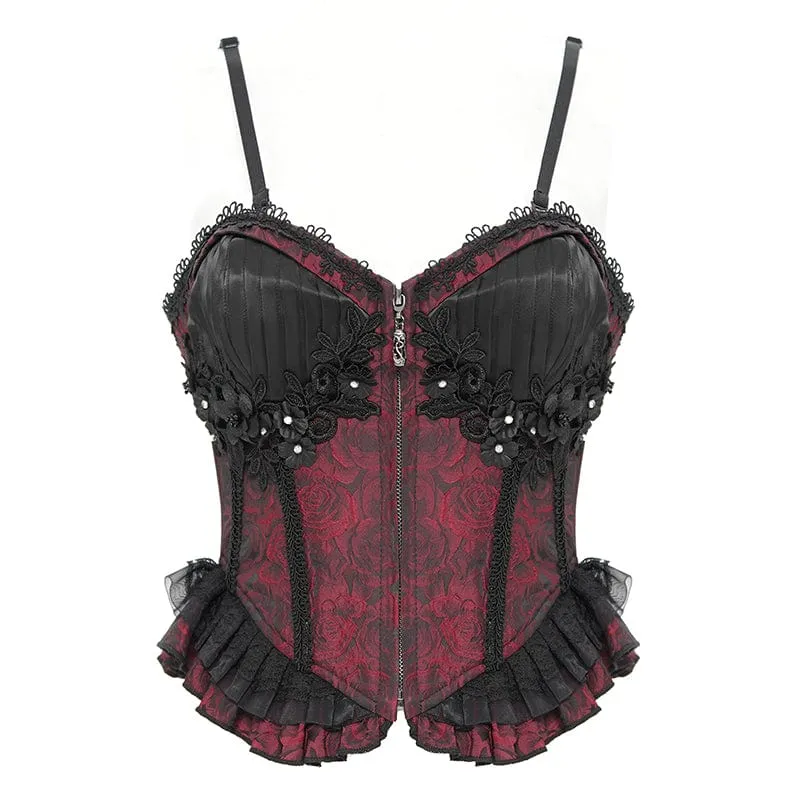 Gothic Tank Top mit Blumenstickerei und Rüschen für Damen zum Schnüren Rot