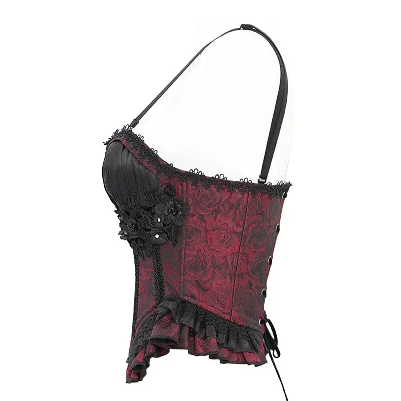 Gothic Tank Top mit Blumenstickerei und Rüschen für Damen zum Schnüren Rot