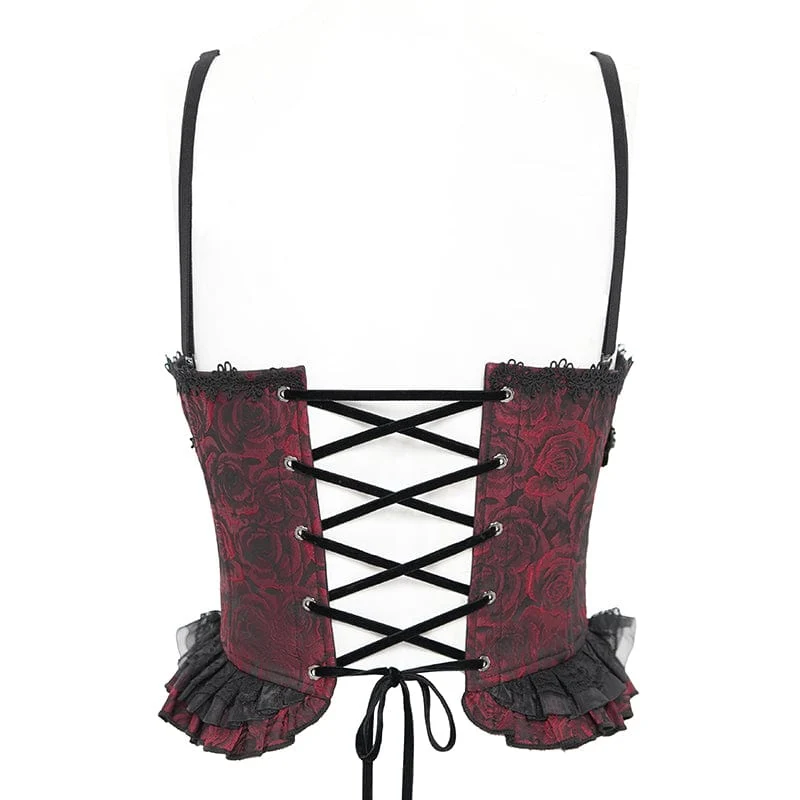 Gothic Tank Top mit Blumenstickerei und Rüschen für Damen zum Schnüren Rot
