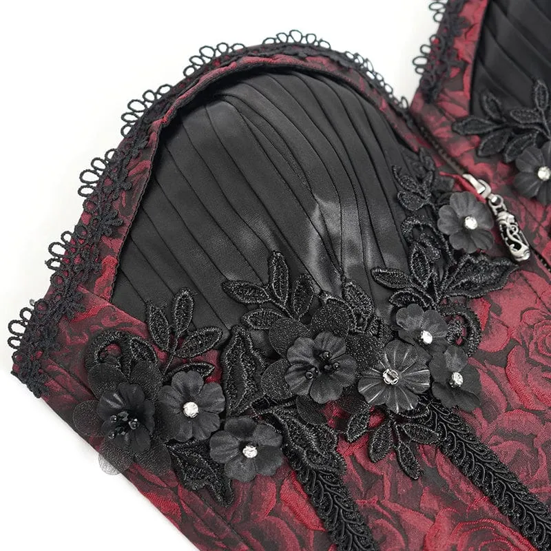 Gothic Tank Top mit Blumenstickerei und Rüschen für Damen zum Schnüren Rot