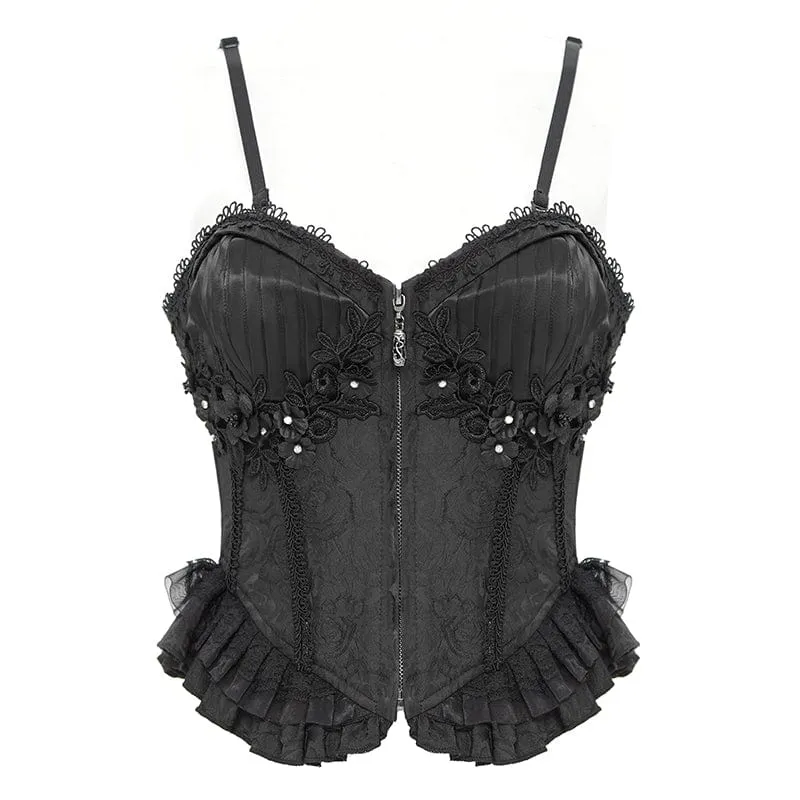 Gothic Tank Top mit Blumenstickerei und Rüschen für Damen in Schwarz