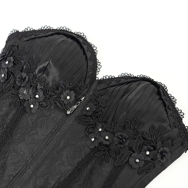 Gothic Tank Top mit Blumenstickerei und Rüschen für Damen in Schwarz