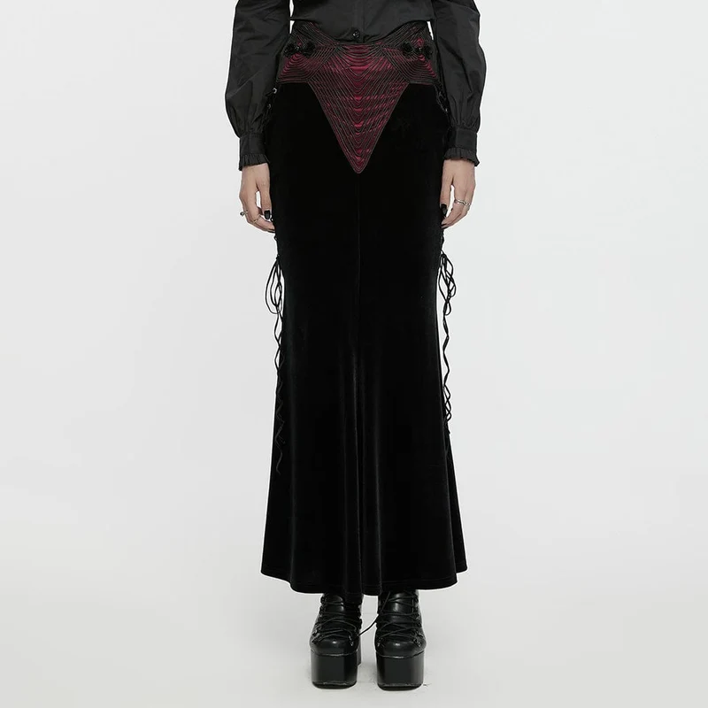 Gothic-Samtrock mit Rosenstickerei und Schnürung und Fischschwanz für Damen, Schwarz-Rot
