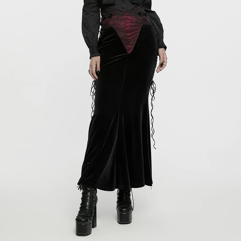 Gothic-Samtrock mit Rosenstickerei und Schnürung und Fischschwanz für Damen, Schwarz-Rot