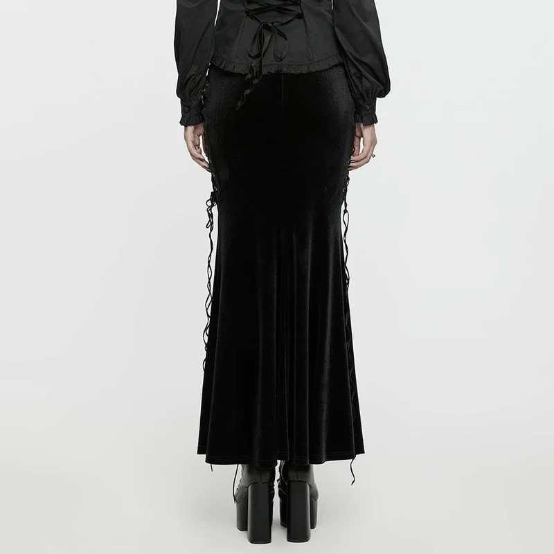 Gothic-Samtrock mit Rosenstickerei und Schnürung und Fischschwanz für Damen, Schwarz-Rot
