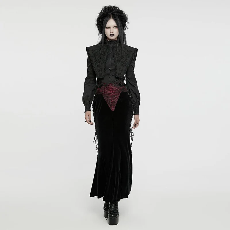 Gothic-Samtrock mit Rosenstickerei und Schnürung und Fischschwanz für Damen, Schwarz-Rot