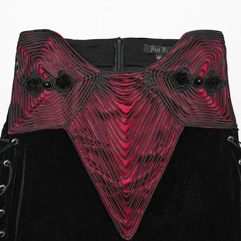 Gothic-Samtrock mit Rosenstickerei und Schnürung und Fischschwanz für Damen, Schwarz-Rot